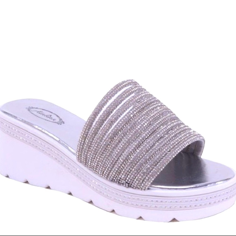 2 Left! White Platform‎ Silver Rhinestone Embellished Slide-In Wedge Sandal 8.5